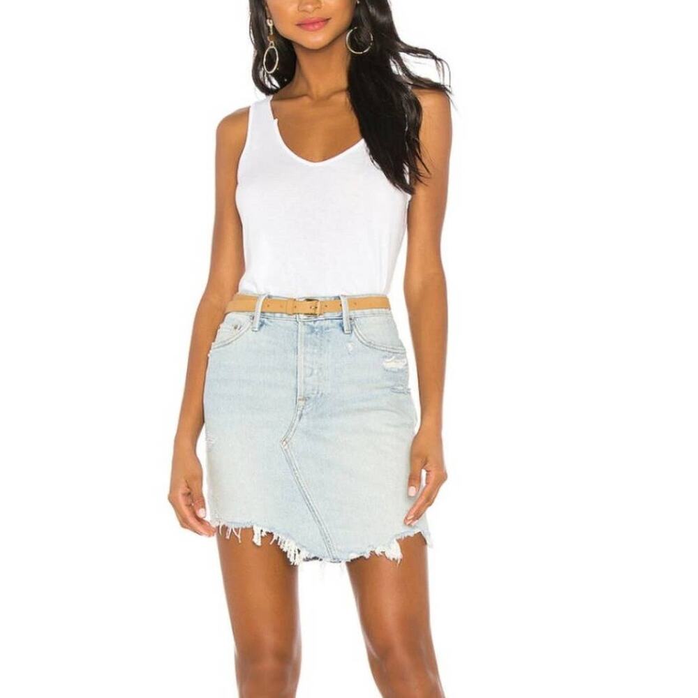 GRLFRND Light Wash Denim Mini Skirt with Frayed Hem